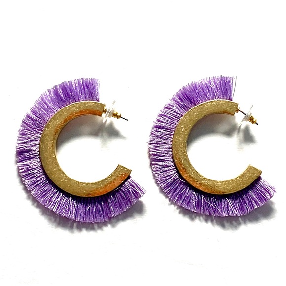 Purple Fringe Matte Gold Hoop Boho Earrings - Picture 1 of 7